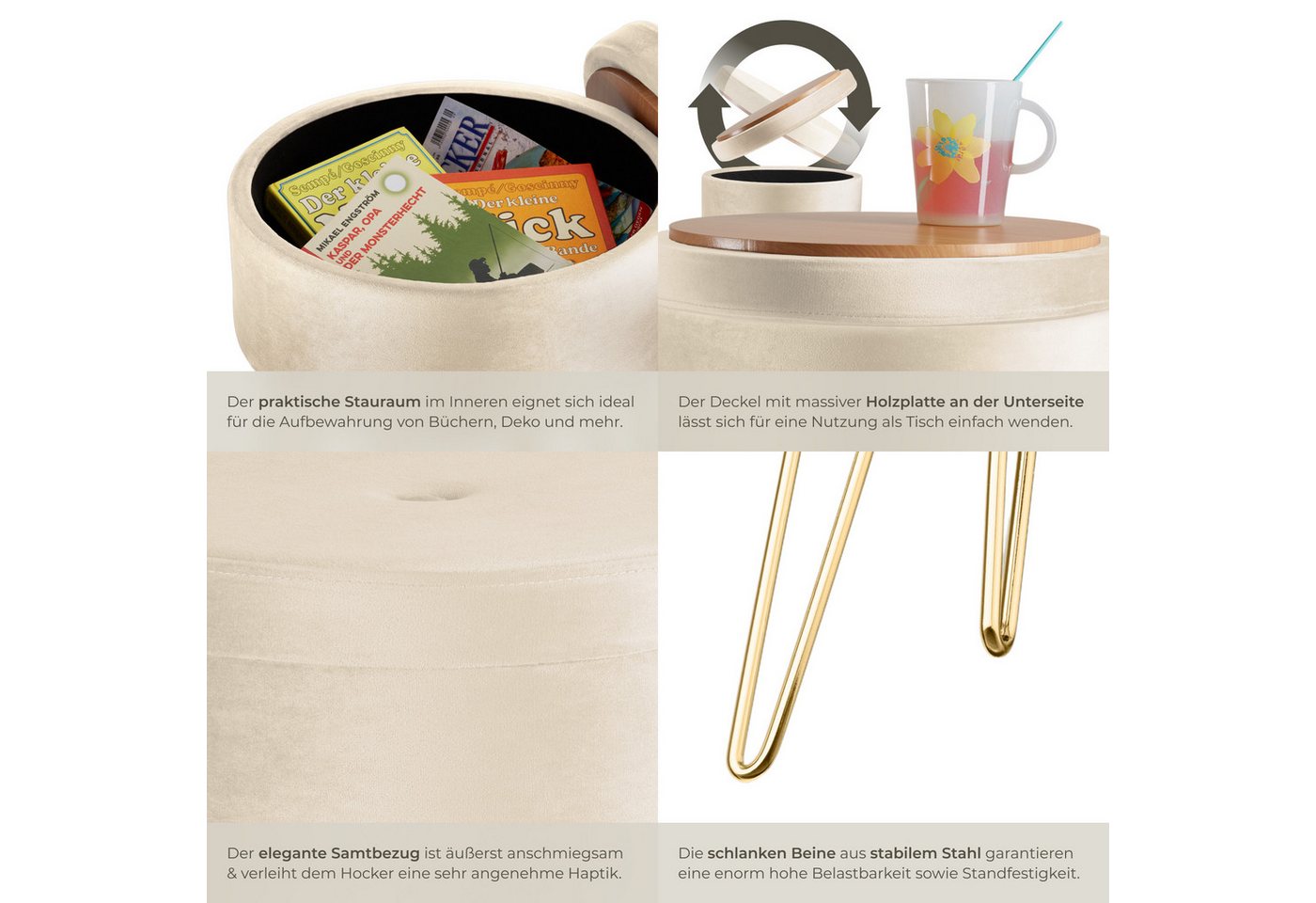 tectake Sitzhocker Hocker mit Stauraum in Samtoptik, 37,5 x 44,5 cm (Samthocker Ava, in creme), rund, gepolstert, Belastbarkeit 300 kg – Bild 5 von 5