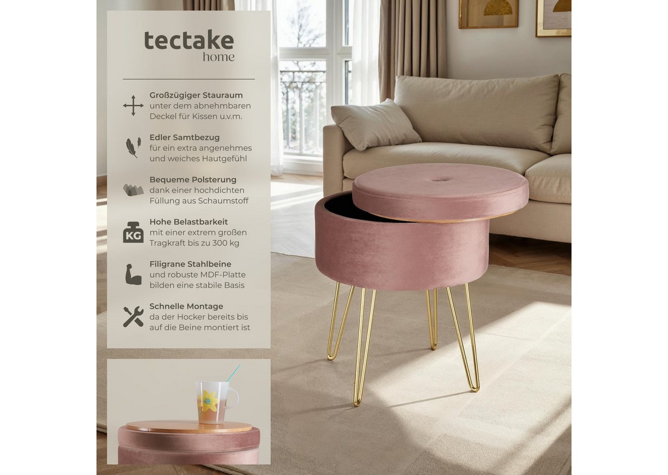 tectake Sitzhocker Hocker mit Stauraum in Samtoptik, 37,5 x 44,5 cm (Samthocker Ava, in rosa), rund, gepolstert, Belastbarkeit 300 kg – Bild 2 von 5