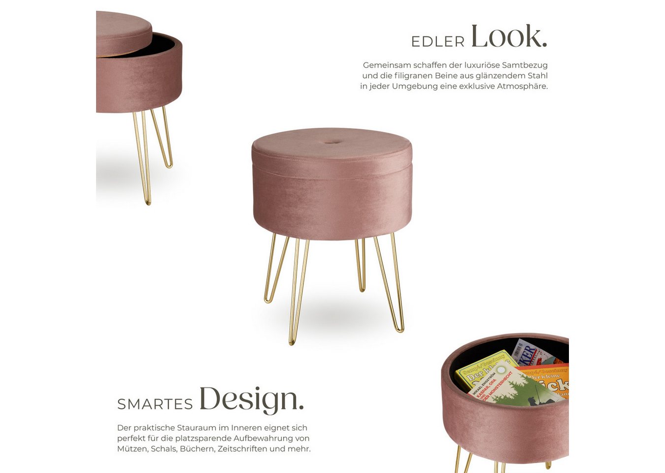 tectake Sitzhocker Hocker mit Stauraum in Samtoptik, 37,5 x 44,5 cm (Samthocker Ava, in rosa), rund, gepolstert, Belastbarkeit 300 kg – Bild 3 von 5
