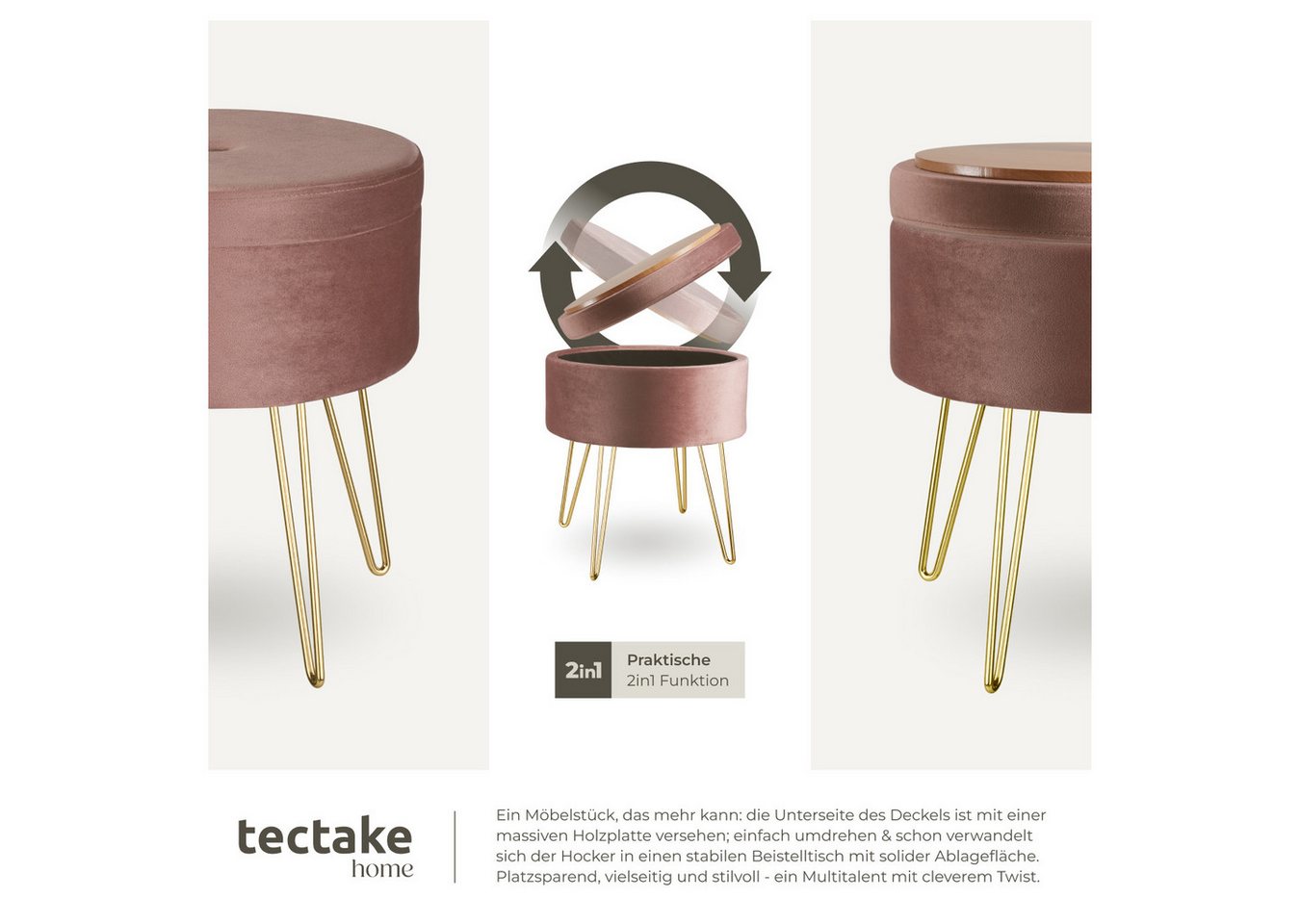 tectake Sitzhocker Hocker mit Stauraum in Samtoptik, 37,5 x 44,5 cm (Samthocker Ava, in rosa), rund, gepolstert, Belastbarkeit 300 kg – Bild 4 von 5