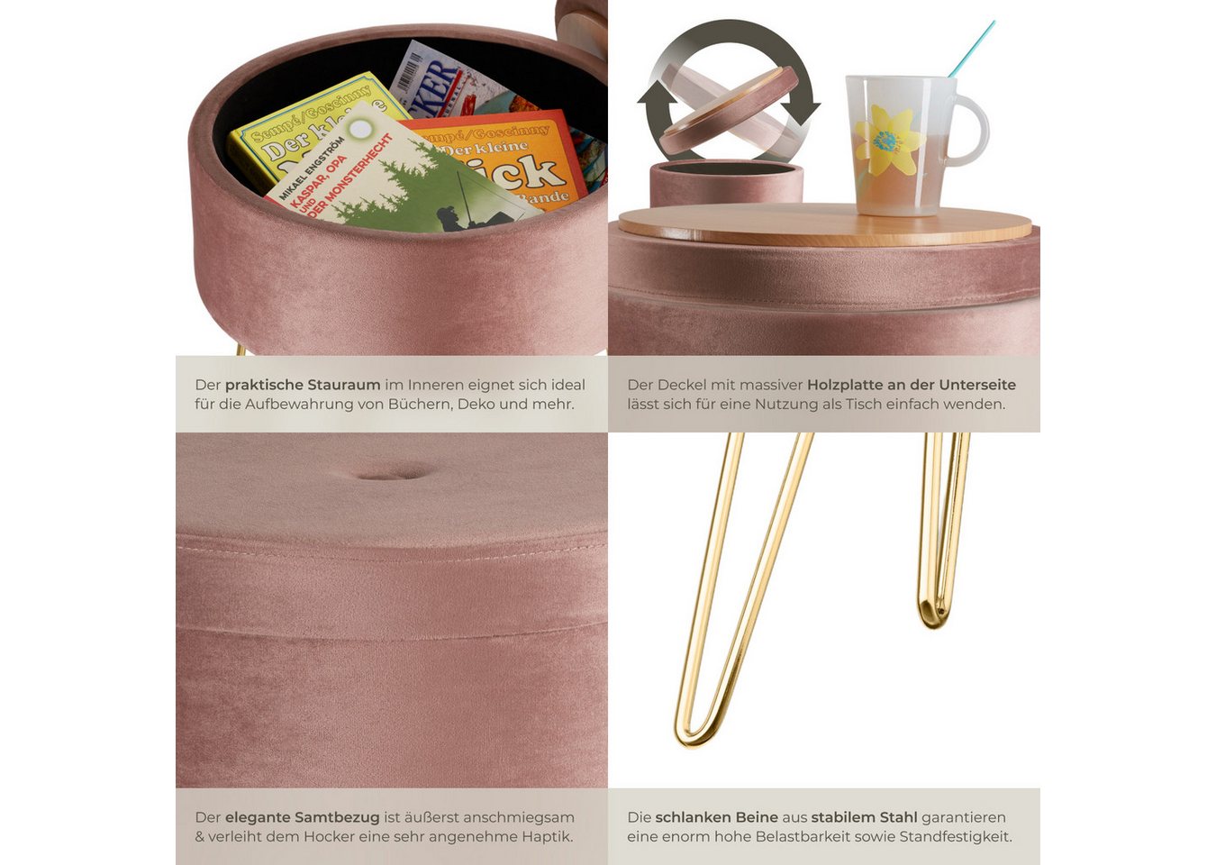 tectake Sitzhocker Hocker mit Stauraum in Samtoptik, 37,5 x 44,5 cm (Samthocker Ava, in rosa), rund, gepolstert, Belastbarkeit 300 kg – Bild 5 von 5