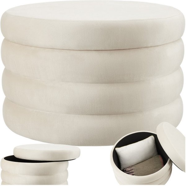 tectake Sitzhocker runder Sitzhocker mit Stauraum, weicher, pflegeleichter Bezug (Hocker Altu XL, in Samtoptik creme-weiß), 67 x 42 cm, gepolstert, Belastbarkei