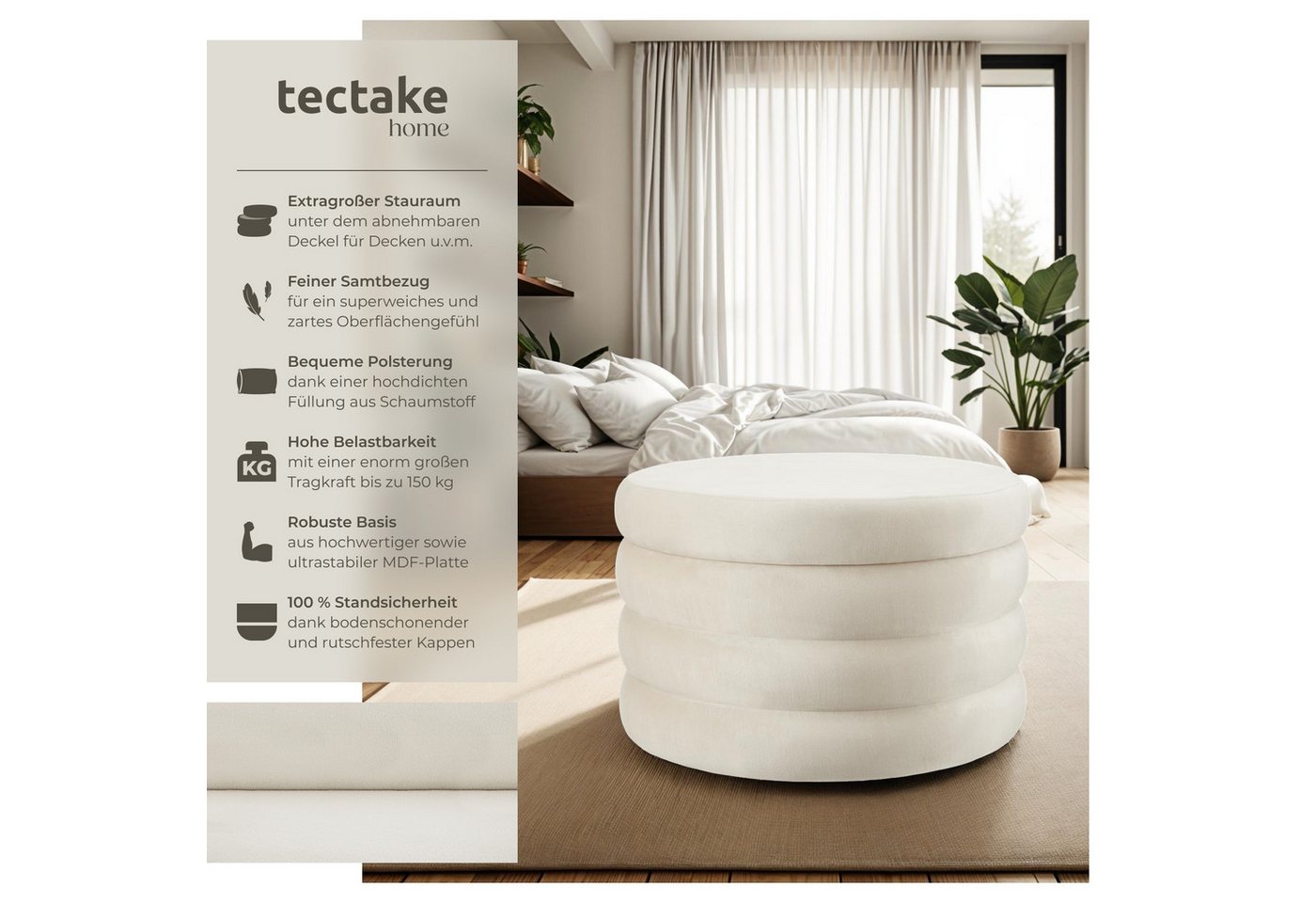 tectake Sitzhocker runder Sitzhocker mit Stauraum, weicher, pflegeleichter Bezug (Hocker Altu XL, in Samtoptik creme-weiß), 67 x 42 cm, gepolstert, Belastbarkei – Bild 2 von 5