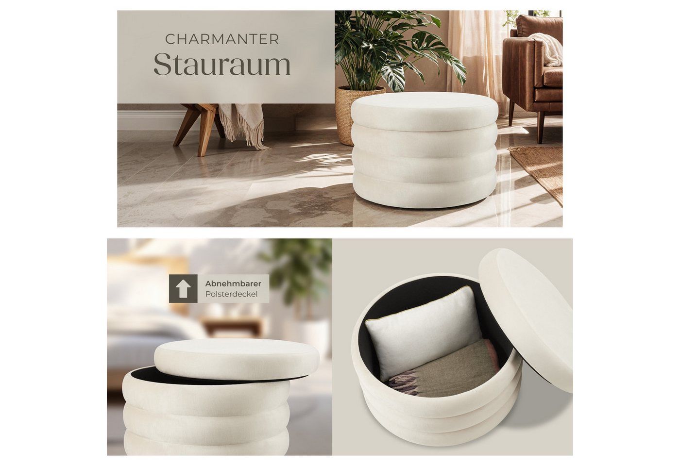 tectake Sitzhocker runder Sitzhocker mit Stauraum, weicher, pflegeleichter Bezug (Hocker Altu XL, in Samtoptik creme-weiß), 67 x 42 cm, gepolstert, Belastbarkei – Bild 5 von 5