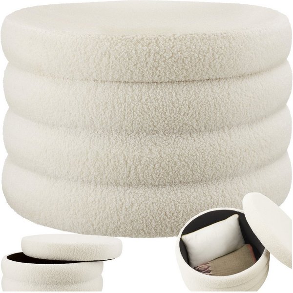 tectake Sitzhocker runder Sitzhocker mit Stauraum, weicher, pflegeleichter Bezug (Hocker Altu XL, in Bouclé creme-weiß), 67 x 42 cm, gepolstert, Belastbarkeit 1