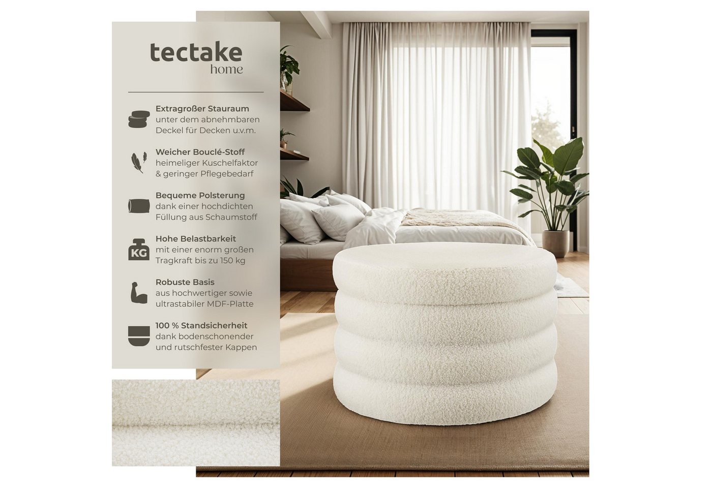 tectake Sitzhocker runder Sitzhocker mit Stauraum, weicher, pflegeleichter Bezug (Hocker Altu XL, in Bouclé creme-weiß), 67 x 42 cm, gepolstert, Belastbarkeit 1 – Bild 2 von 5
