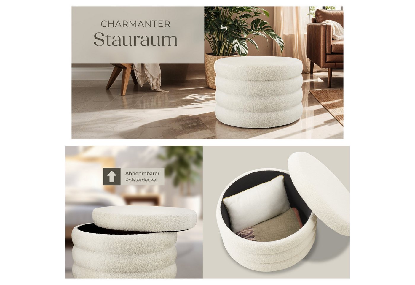 tectake Sitzhocker runder Sitzhocker mit Stauraum, weicher, pflegeleichter Bezug (Hocker Altu XL, in Bouclé creme-weiß), 67 x 42 cm, gepolstert, Belastbarkeit 1 – Bild 5 von 5