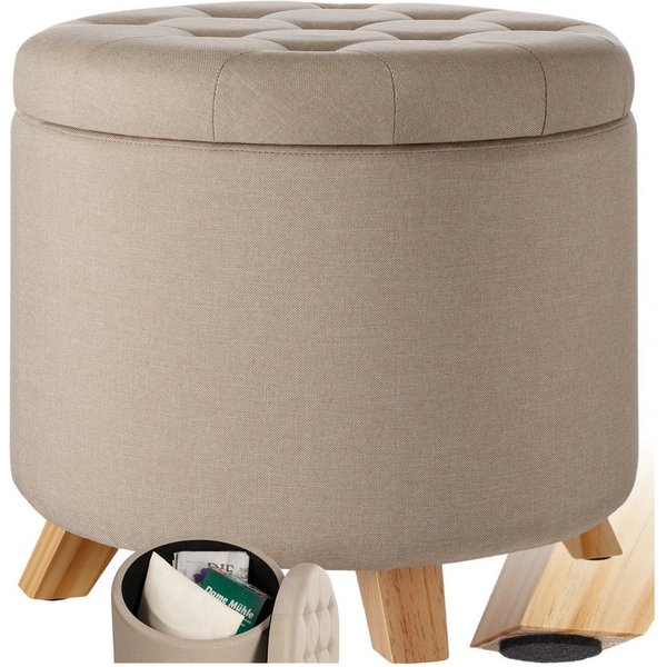 tectake Sitzhocker Rundhocker mit Stauraum in Leinenoptik, 44,5 x 41,5 cm (Hocker Suna, in Sand), rund, gepolstert, Belastbarkeit 150 kg
