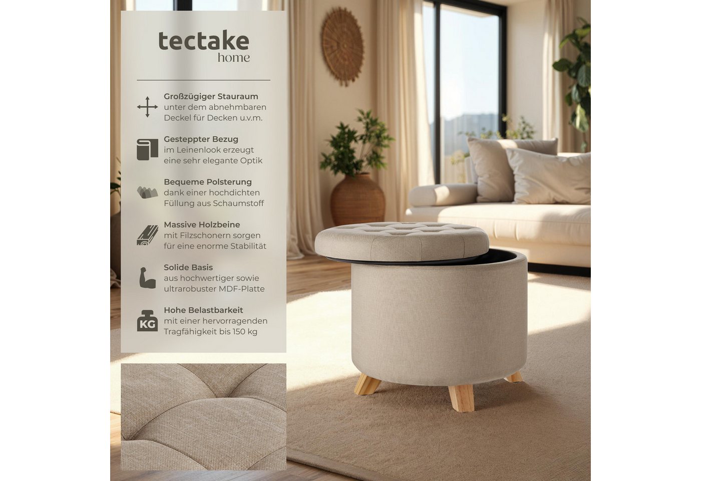 tectake Sitzhocker Rundhocker mit Stauraum in Leinenoptik, 44,5 x 41,5 cm (Hocker Suna, in Sand), rund, gepolstert, Belastbarkeit 150 kg – Bild 2 von 5