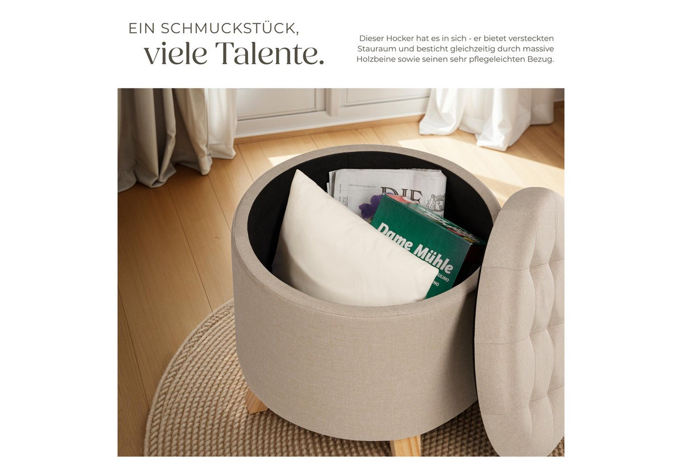 tectake Sitzhocker Rundhocker mit Stauraum in Leinenoptik, 44,5 x 41,5 cm (Hocker Suna, in Sand), rund, gepolstert, Belastbarkeit 150 kg – Bild 4 von 5