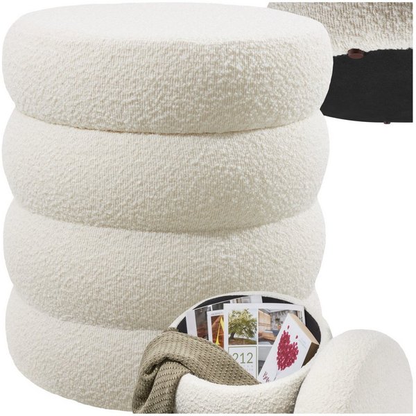 tectake Sitzhocker Schminkhocker Altu, gepolstert, Stauraum, 42 x 42 x 47 cm (rund, 1-St. Bouclé creme-weiß), weicher, pflegeleichter Bezug, Belastbarkeit 120 k