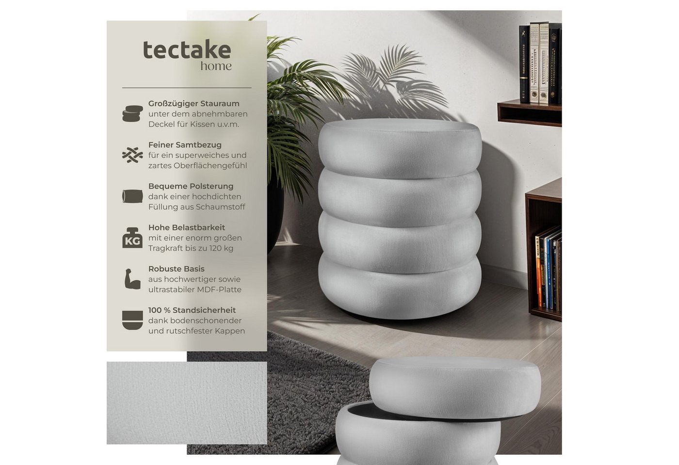 tectake Sitzhocker Schminkhocker Altu, gepolstert, Stauraum, 42 x 42 x 47 cm (rund, 1-St. Samtoptik grau), weicher, pflegeleichter Bezug, Belastbarkeit 120 kg – Bild 2 von 5