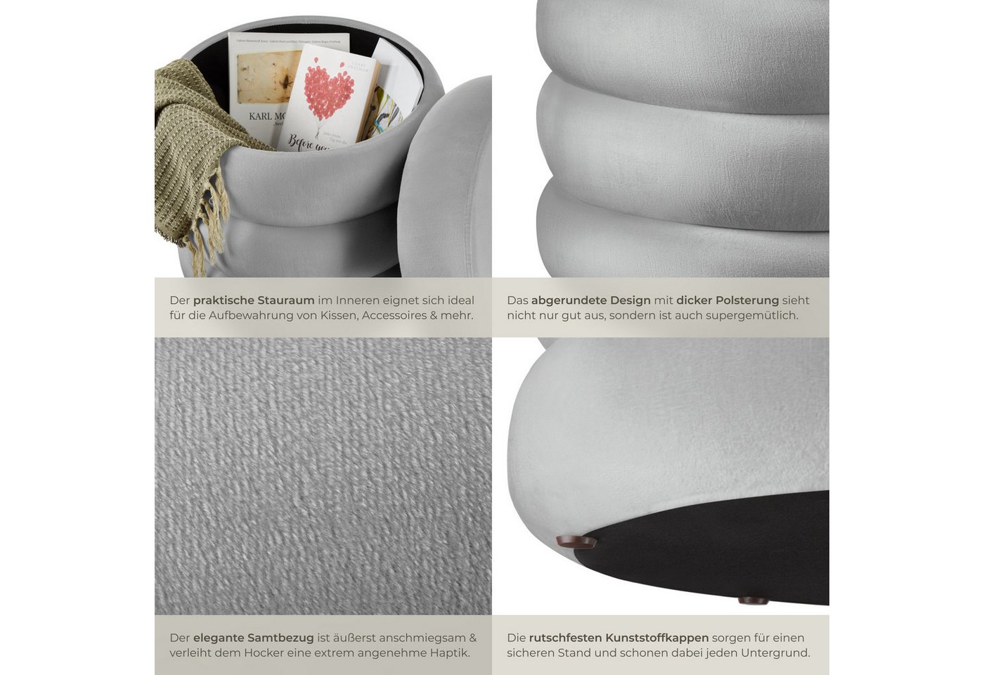tectake Sitzhocker Schminkhocker Altu, gepolstert, Stauraum, 42 x 42 x 47 cm (rund, 1-St. Samtoptik grau), weicher, pflegeleichter Bezug, Belastbarkeit 120 kg – Bild 4 von 5
