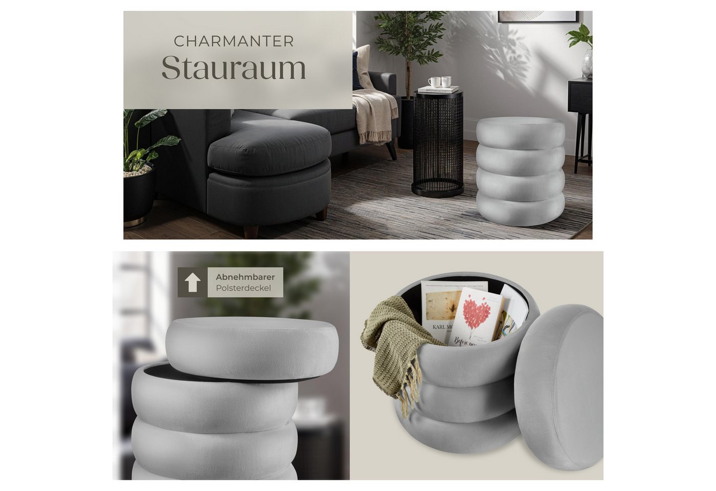 tectake Sitzhocker Schminkhocker Altu, gepolstert, Stauraum, 42 x 42 x 47 cm (rund, 1-St. Samtoptik grau), weicher, pflegeleichter Bezug, Belastbarkeit 120 kg – Bild 5 von 5