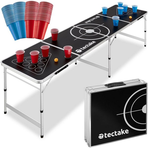 tectake Spieltisch Bierpongtisch, inklusive 100 Bechern und 6 Bällen, (Beerpong-tisch Brew Battle), klappbar und höhenverstellbar, bodenschonend, praktische Tra