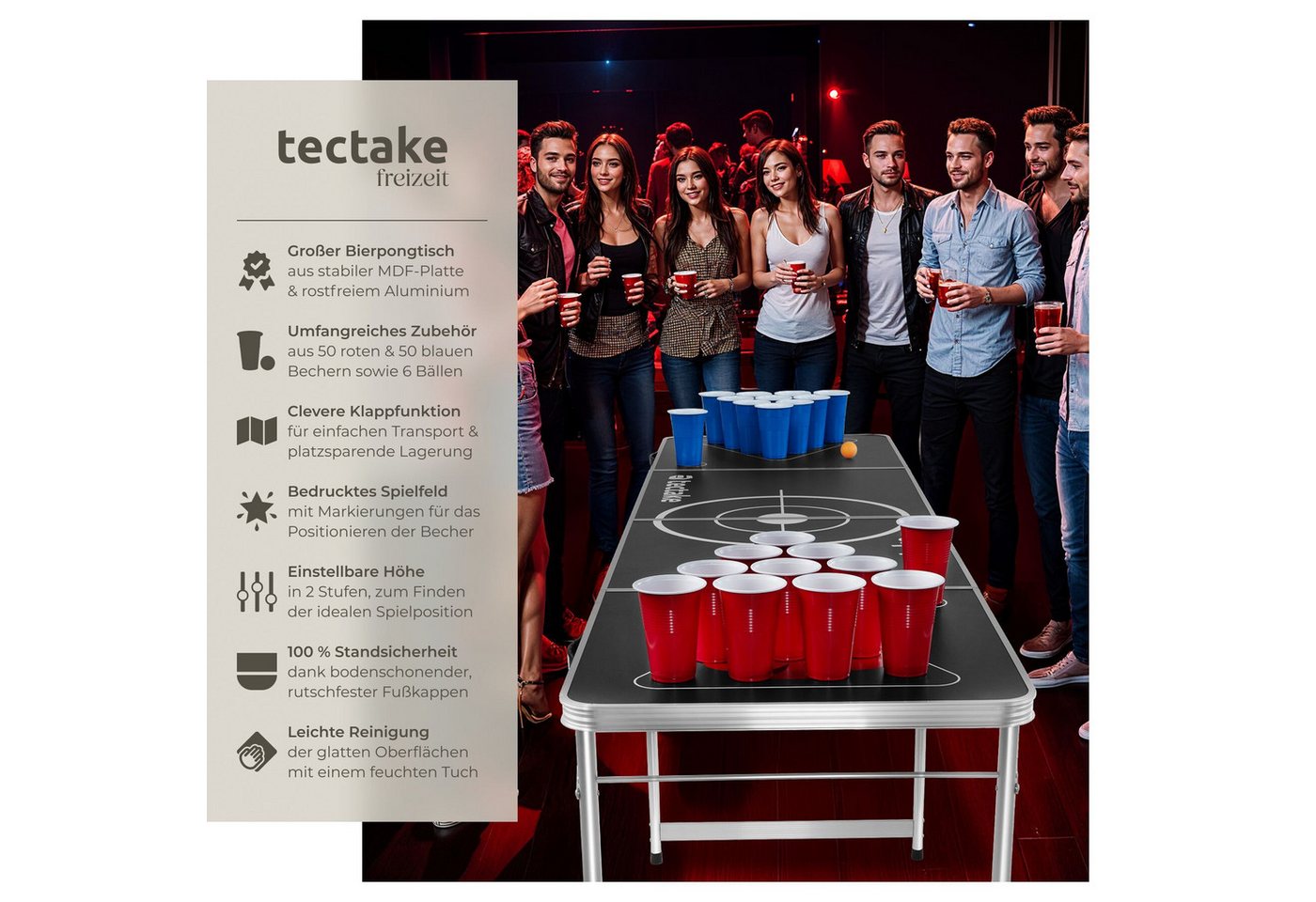 tectake Spieltisch Bierpongtisch, inklusive 100 Bechern und 6 Bällen, (Beerpong-tisch Brew Battle), klappbar und höhenverstellbar, bodenschonend, praktische Tra – Bild 2 von 5
