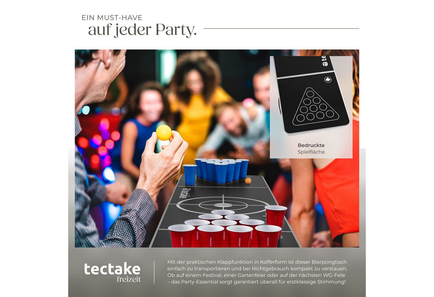 tectake Spieltisch Bierpongtisch, inklusive 100 Bechern und 6 Bällen, (Beerpong-tisch Brew Battle), klappbar und höhenverstellbar, bodenschonend, praktische Tra – Bild 3 von 5