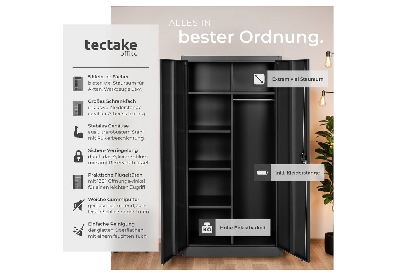tectake Spind Umkleidespind, 180 x 80 x 40 cm, abschließbar (Stahlschrank, 1-St., in schwarz) aus pulverbeschichtetem Stahl, mit 2 Flügeltüren, mit 6 Fächern – Bild 2 von 5