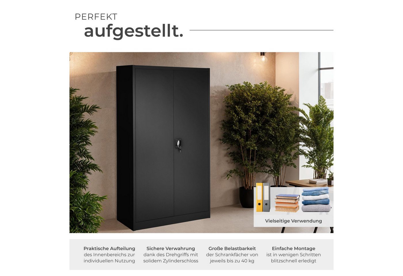 tectake Spind Umkleidespind, 180 x 80 x 40 cm, abschließbar (Stahlschrank, 1-St., in schwarz) aus pulverbeschichtetem Stahl, mit 2 Flügeltüren, mit 6 Fächern – Bild 3 von 5