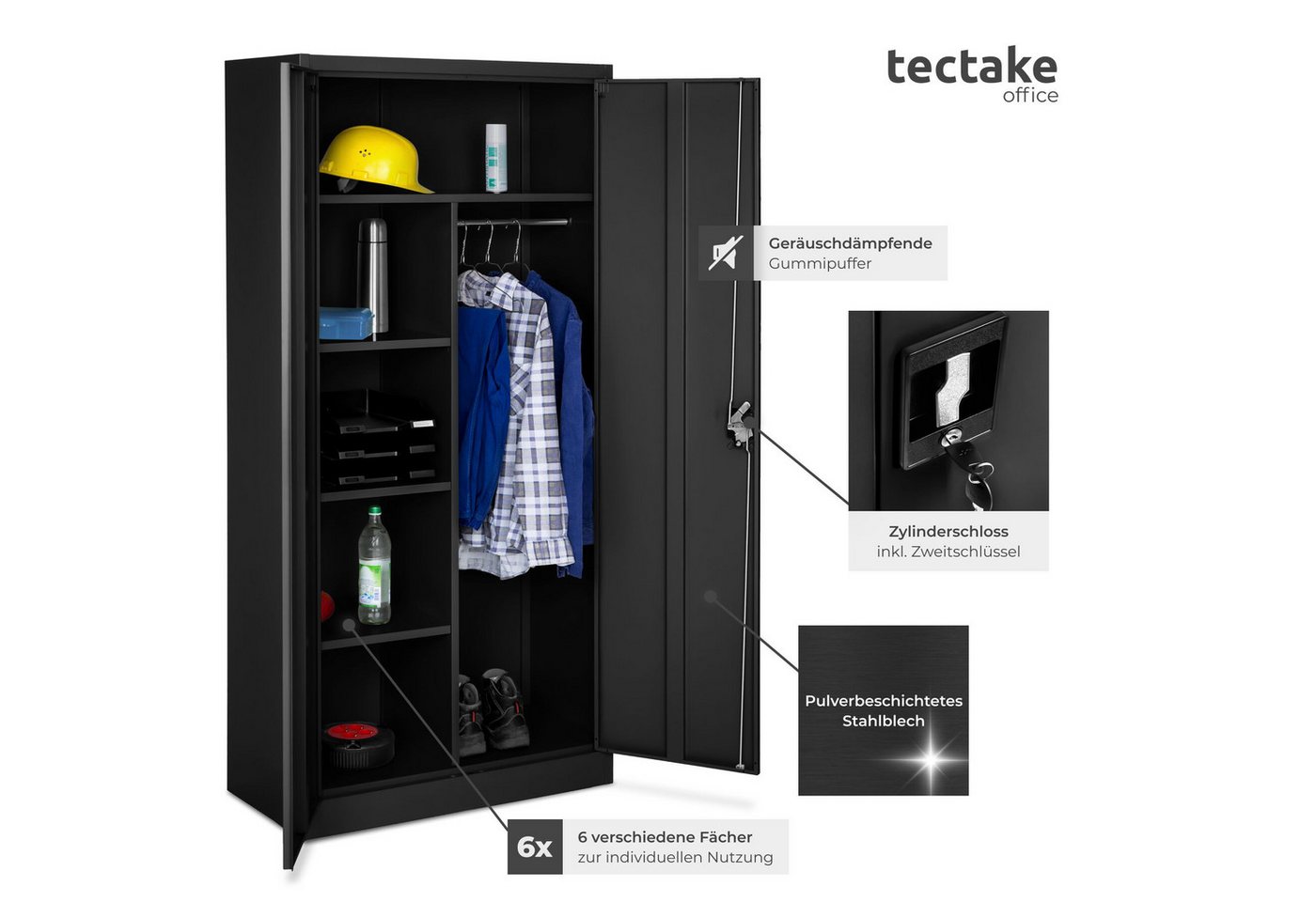 tectake Spind Umkleidespind, 180 x 80 x 40 cm, abschließbar (Stahlschrank, 1-St., in schwarz) aus pulverbeschichtetem Stahl, mit 2 Flügeltüren, mit 6 Fächern – Bild 5 von 5