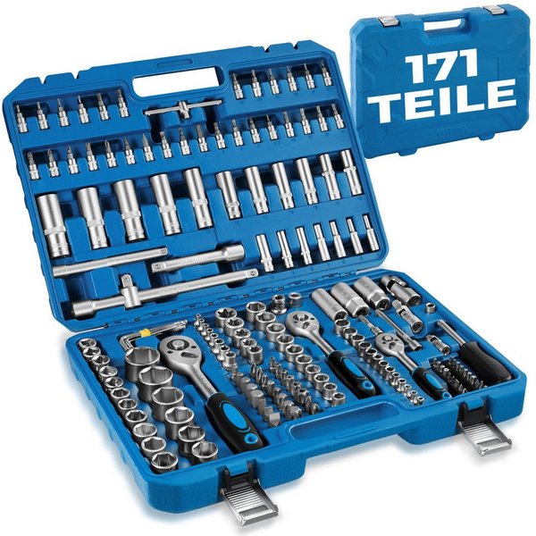 tectake Steckschlüssel Werkzeugkoffer, übersichtliche Anordnung im Kunststoffkoffer (Schraubenschlüssel, 1 St., 171-teilig in blau), aus Chrom Vanadium Stahl mi