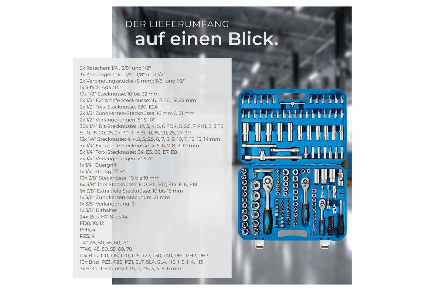 tectake Steckschlüssel Werkzeugkoffer, übersichtliche Anordnung im Kunststoffkoffer (Schraubenschlüssel, 1 St., 171-teilig in blau), aus Chrom Vanadium Stahl mi – Bild 5 von 5