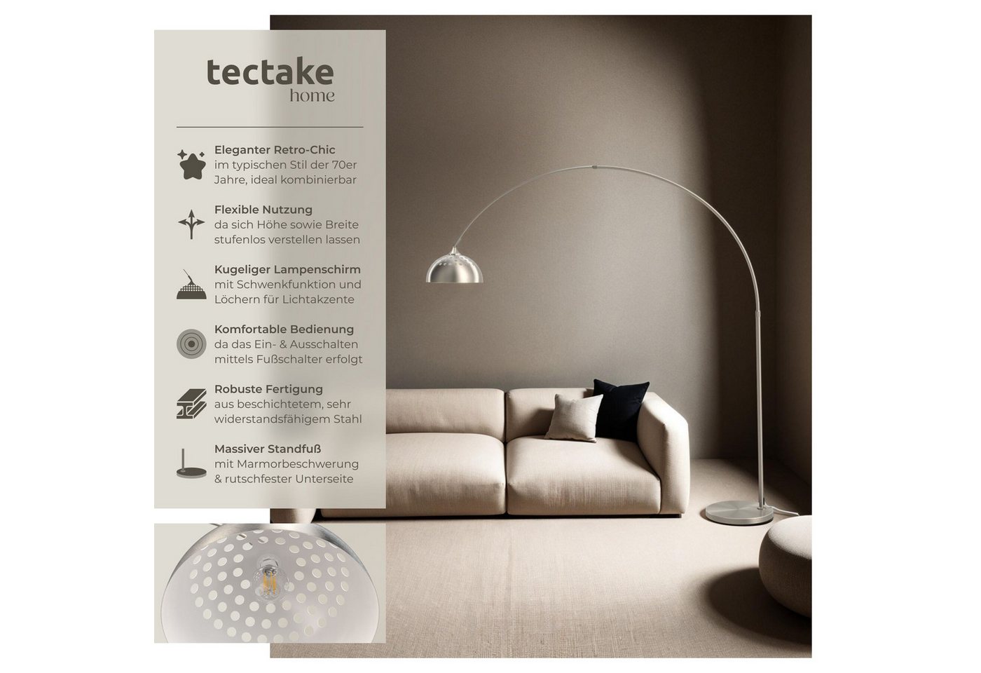 tectake Stehlampe Bogenleuchte aus beschichtetem Stahl, höhenverstellbar 187 - 206 cm, LED, 60 W, Fußschalter, massiver Standfuß mit Bodenschoner – Bild 2 von 5