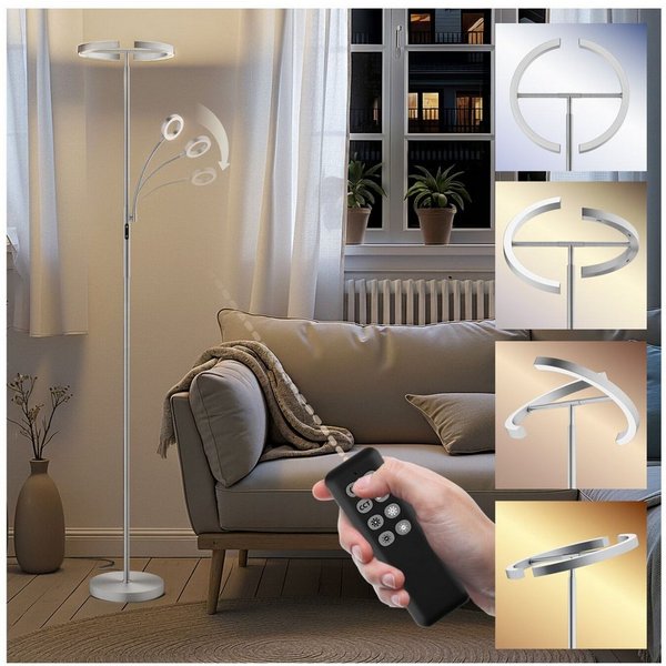 tectake Stehlampe Leselampe, 31,5 x 188 cm, LED, 20 W, inklusive Leselicht 7 W, LED, variable Farbtemperatur, bewegliche LED-Bögen und Schwanenhals