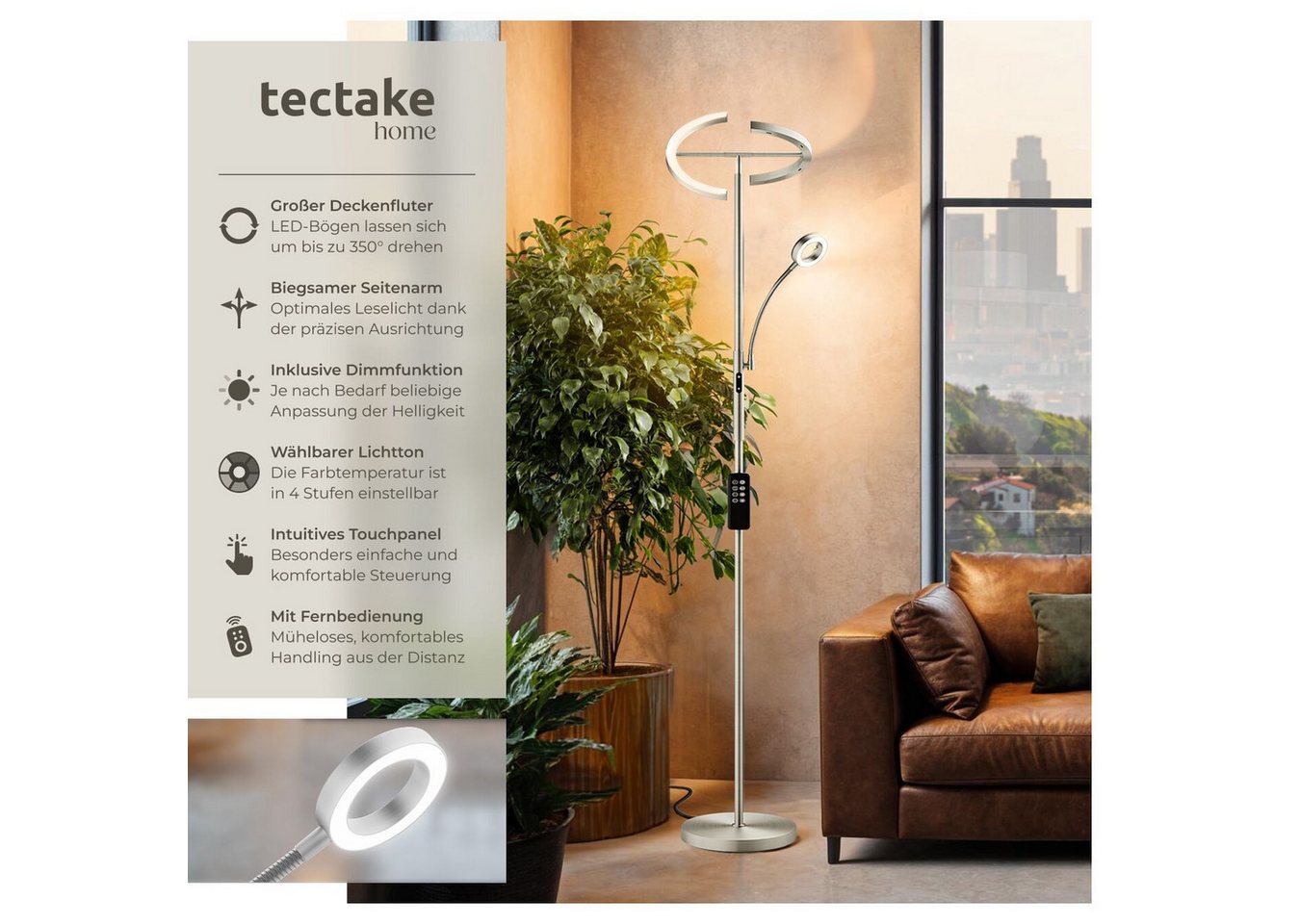 tectake Stehlampe Leselampe, 31,5 x 188 cm, LED, 20 W, inklusive Leselicht 7 W, LED, variable Farbtemperatur, bewegliche LED-Bögen und Schwanenhals – Bild 2 von 5