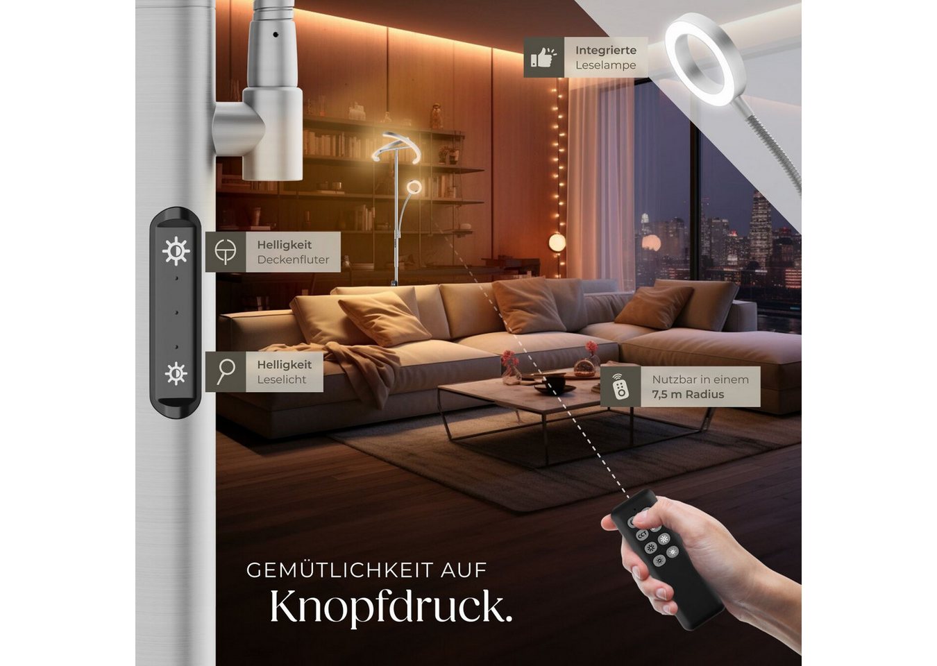 tectake Stehlampe Leselampe, 31,5 x 188 cm, LED, 20 W, inklusive Leselicht 7 W, LED, variable Farbtemperatur, bewegliche LED-Bögen und Schwanenhals – Bild 3 von 5