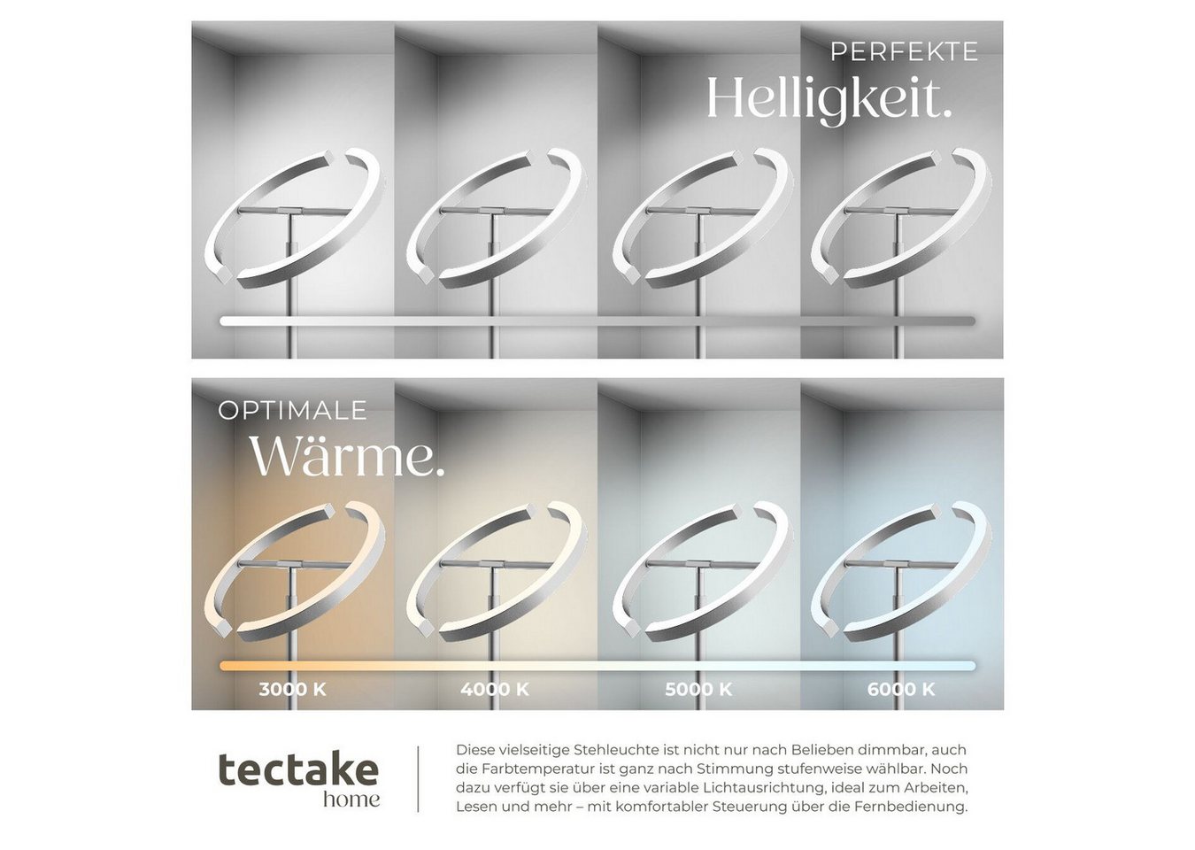 tectake Stehlampe Leselampe, 31,5 x 188 cm, LED, 20 W, inklusive Leselicht 7 W, LED, variable Farbtemperatur, bewegliche LED-Bögen und Schwanenhals – Bild 4 von 5