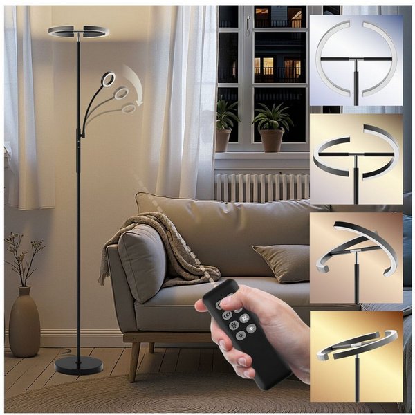 tectake Stehlampe Leselampe, 31,5 x 188 cm, LED, 20 W, inklusive Leselicht 7 W, LED, variable Farbtemperatur, bewegliche LED-Bögen und Schwanenhals