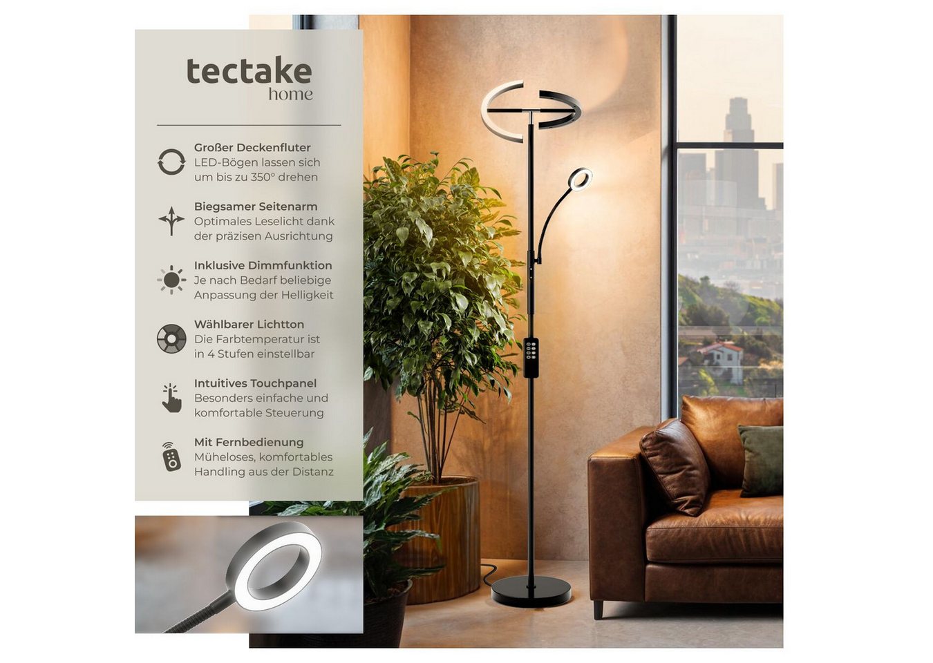 tectake Stehlampe Leselampe, 31,5 x 188 cm, LED, 20 W, inklusive Leselicht 7 W, LED, variable Farbtemperatur, bewegliche LED-Bögen und Schwanenhals – Bild 2 von 5
