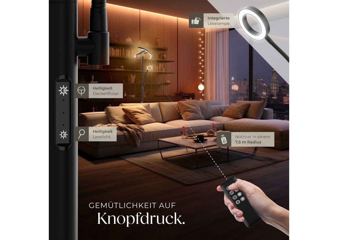 tectake Stehlampe Leselampe, 31,5 x 188 cm, LED, 20 W, inklusive Leselicht 7 W, LED, variable Farbtemperatur, bewegliche LED-Bögen und Schwanenhals – Bild 3 von 5