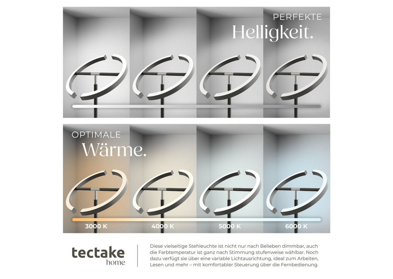 tectake Stehlampe Leselampe, 31,5 x 188 cm, LED, 20 W, inklusive Leselicht 7 W, LED, variable Farbtemperatur, bewegliche LED-Bögen und Schwanenhals – Bild 4 von 5