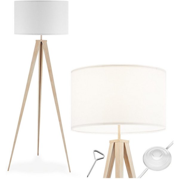 tectake Stehlampe Stehleuchte, Fußschalter, inkl. Bodenschoner, 57 x 57 x 158 cm, Energiesparlampe, Dreibeingestell aus Stahl, 60 W, Texttillampenschirm in Lein