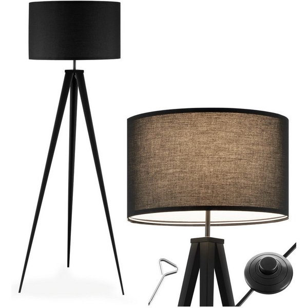 tectake Stehlampe Stehleuchte, Fußschalter, inkl. Bodenschoner, 57 x 57 x 158 cm, Energiesparlampe, Dreibeingestell aus Stahl, 60 W, Texttillampenschirm in Lein