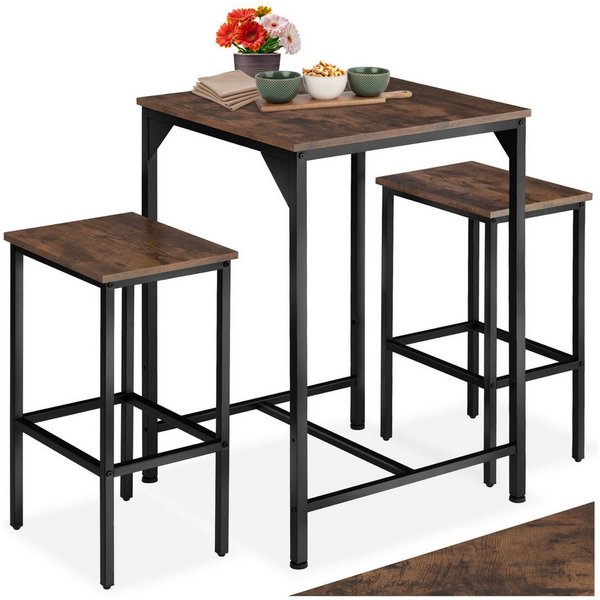 tectake Stehtisch Bistrotisch-Set, mit höhenverstellbaren Kunststofffüßen (Bartisch-Set Inverness, 1-St., in Industrial Holz dunkel, rustikal), 3-teilig, Tisch 