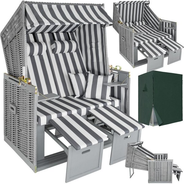 tectake Strandkorb Garten-Strandsitz 115x158x78 cm, gepolstert, Liegeposition, (Strandsessel Sylt, in grau/weiß), ausziehbare Fußbänkchen, Klapptische, Extras, 