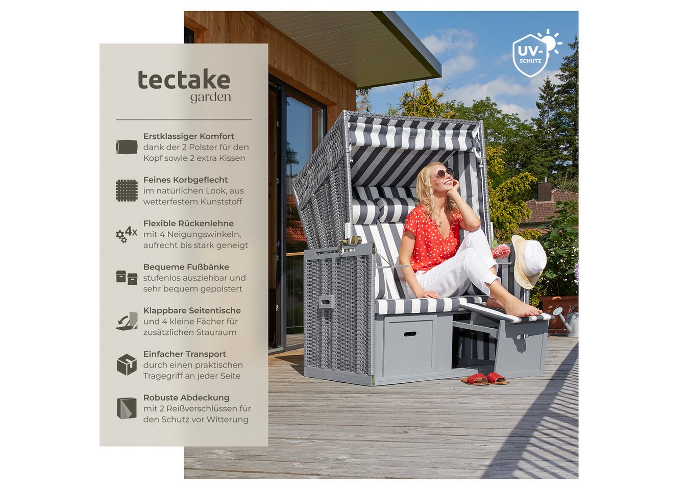 tectake Strandkorb Garten-Strandsitz 115x158x78 cm, gepolstert, Liegeposition, (Strandsessel Sylt, in grau/weiß), ausziehbare Fußbänkchen, Klapptische, Extras,  – Bild 2 von 5