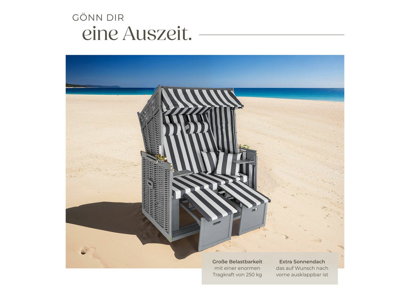 tectake Strandkorb Garten-Strandsitz 115x158x78 cm, gepolstert, Liegeposition, (Strandsessel Sylt, in grau/weiß), ausziehbare Fußbänkchen, Klapptische, Extras,  – Bild 3 von 5