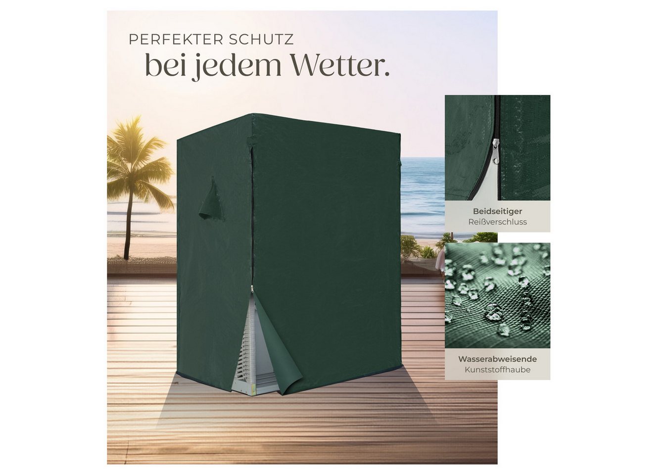 tectake Strandkorb Garten-Strandsitz 115x158x78 cm, gepolstert, Liegeposition, (Strandsessel Sylt, in grau/weiß), ausziehbare Fußbänkchen, Klapptische, Extras,  – Bild 4 von 5