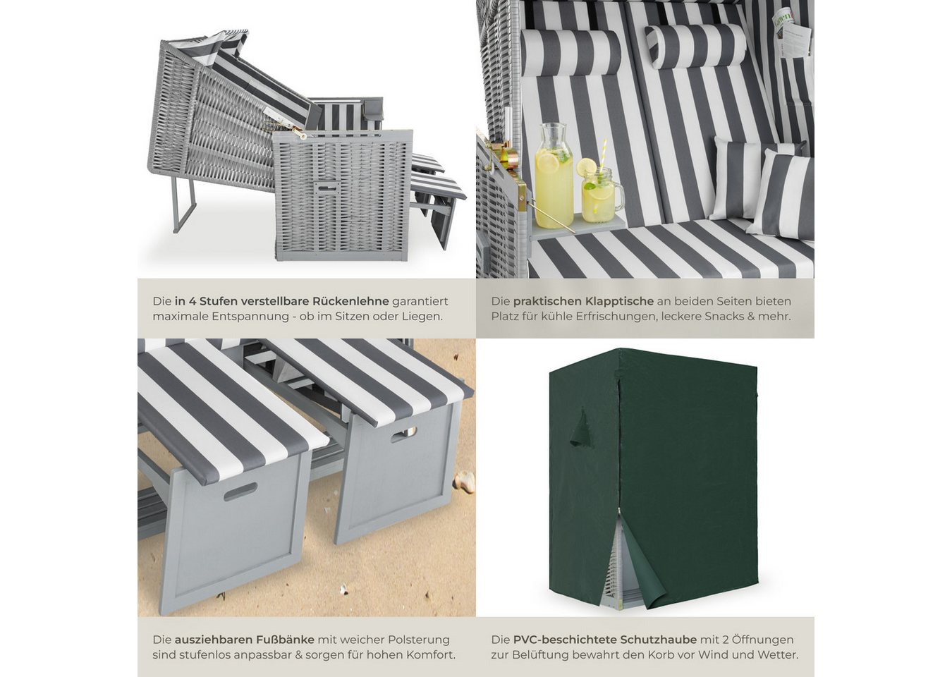 tectake Strandkorb Garten-Strandsitz 115x158x78 cm, gepolstert, Liegeposition, (Strandsessel Sylt, in grau/weiß), ausziehbare Fußbänkchen, Klapptische, Extras,  – Bild 5 von 5