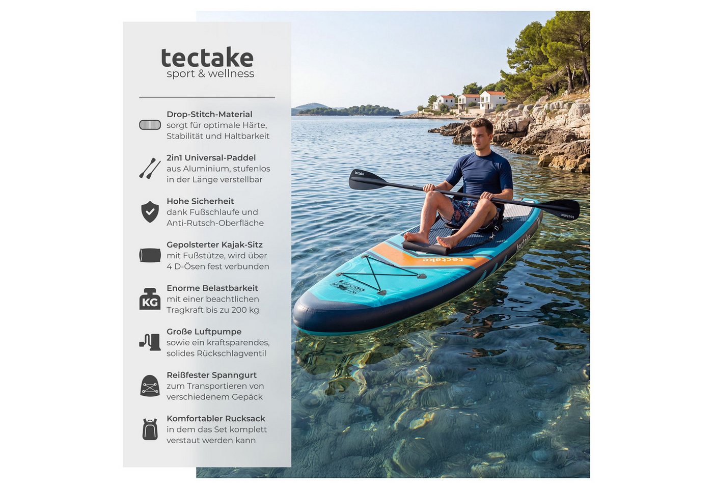 tectake SUP-Board Aufblasbares Paddelbrett mit Kajak-Sitz, bis 200 kg, rutschfest, Stand-up Paddle, (Aufblasbares Sup Board Palagios, in Türkis/orange), Inkl. Z – Bild 2 von 5