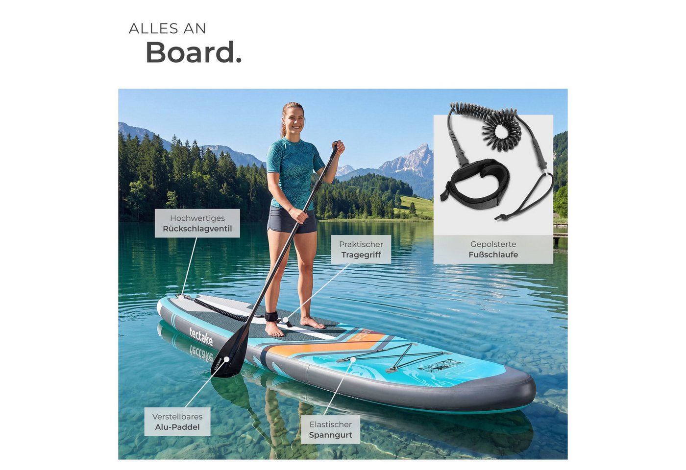 tectake SUP-Board Aufblasbares Paddelbrett mit Kajak-Sitz, bis 200 kg, rutschfest, Stand-up Paddle, (Aufblasbares Sup Board Palagios, in Türkis/orange), Inkl. Z – Bild 3 von 5