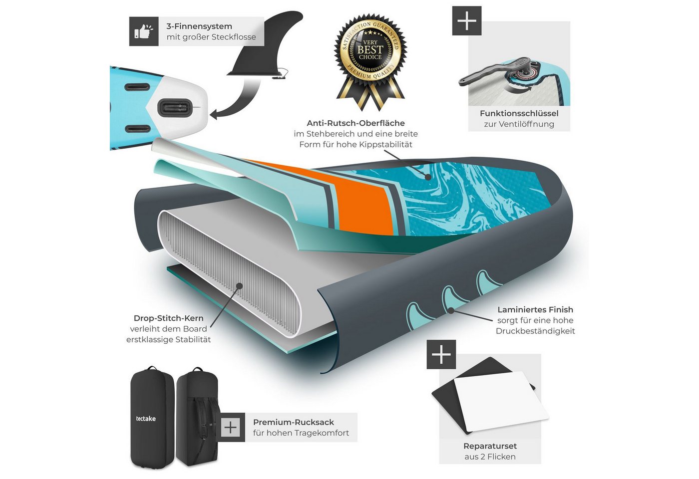 tectake SUP-Board Aufblasbares Paddelbrett mit Kajak-Sitz, bis 200 kg, rutschfest, Stand-up Paddle, (Aufblasbares Sup Board Palagios, in Türkis/orange), Inkl. Z – Bild 4 von 5