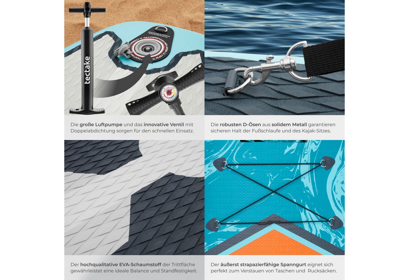 tectake SUP-Board Aufblasbares Paddelbrett mit Kajak-Sitz, bis 200 kg, rutschfest, Stand-up Paddle, (Aufblasbares Sup Board Palagios, in Türkis/orange), Inkl. Z – Bild 5 von 5