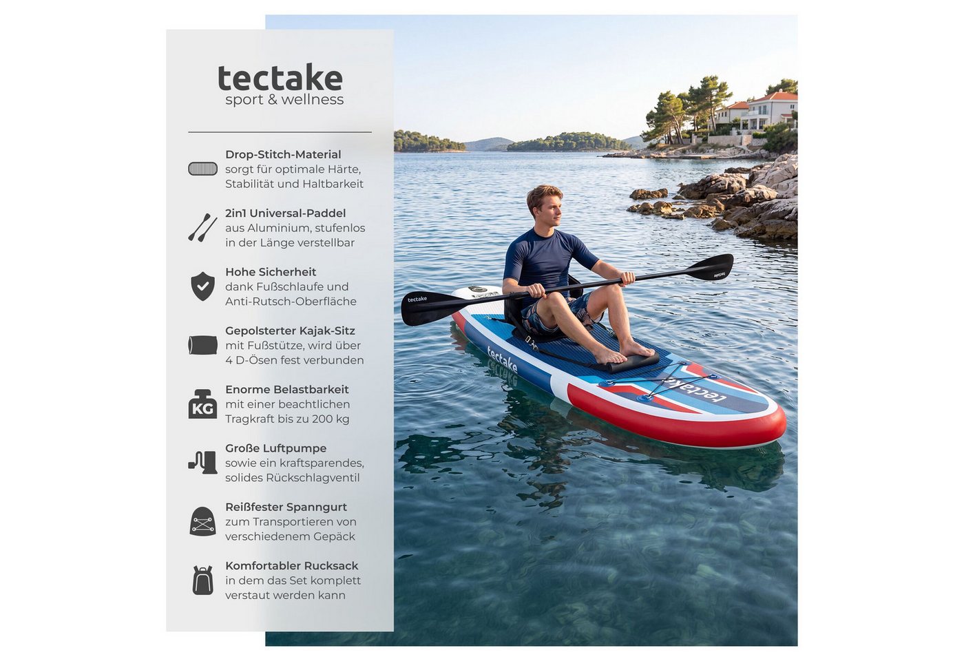 tectake SUP-Board Aufblasbares Paddle Board 2in1, Drop-Stitch, belastbar, Komplettset, Stand-up Paddle, (Sup Board Mit Kajaksitz Poseidon, in Rot/blau), Inkl. v – Bild 2 von 5