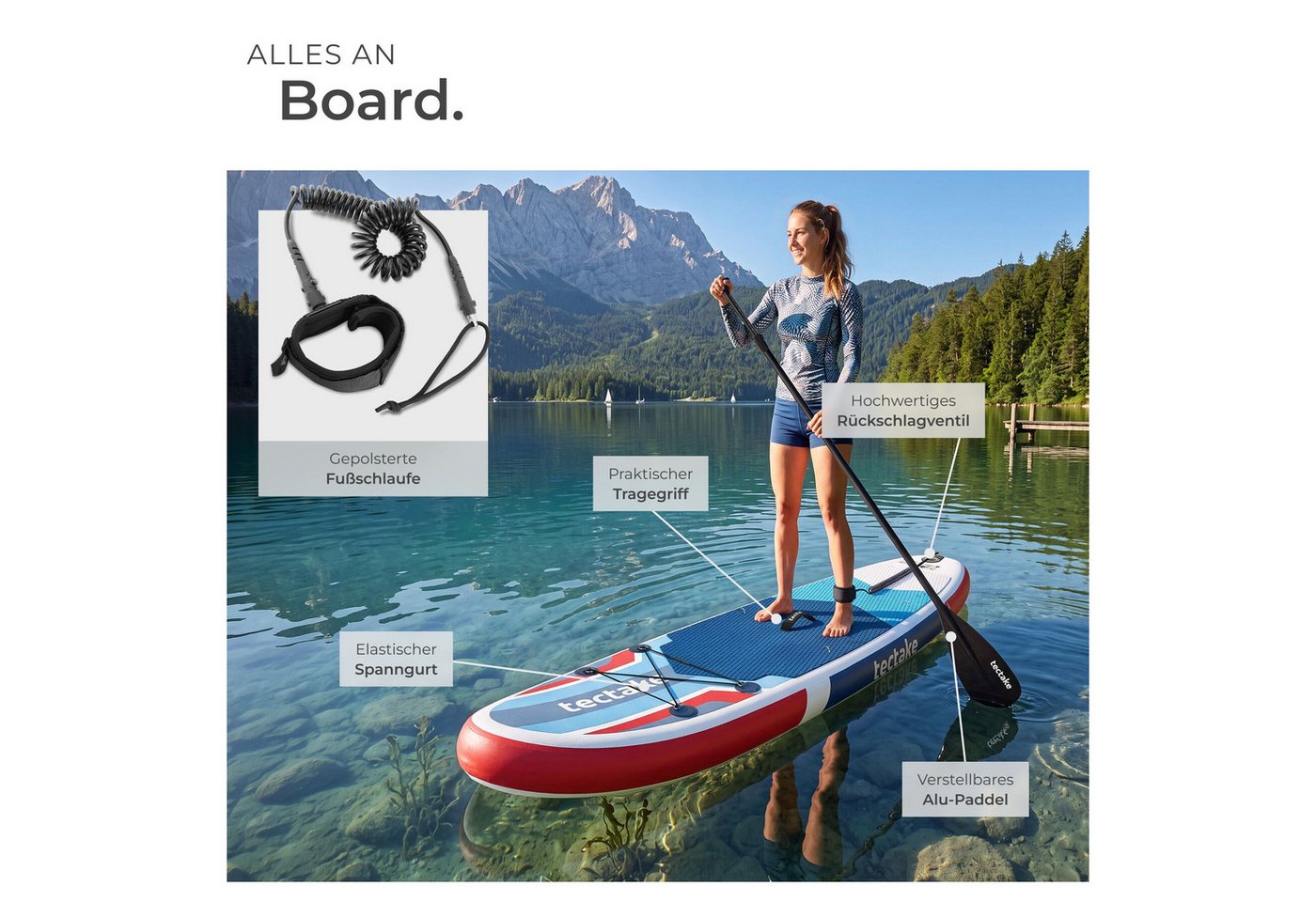tectake SUP-Board Aufblasbares Paddle Board 2in1, Drop-Stitch, belastbar, Komplettset, Stand-up Paddle, (Sup Board Mit Kajaksitz Poseidon, in Rot/blau), Inkl. v – Bild 3 von 5