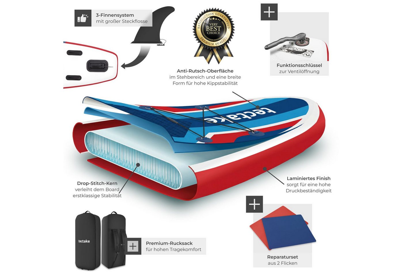 tectake SUP-Board Aufblasbares Paddle Board 2in1, Drop-Stitch, belastbar, Komplettset, Stand-up Paddle, (Sup Board Mit Kajaksitz Poseidon, in Rot/blau), Inkl. v – Bild 4 von 5